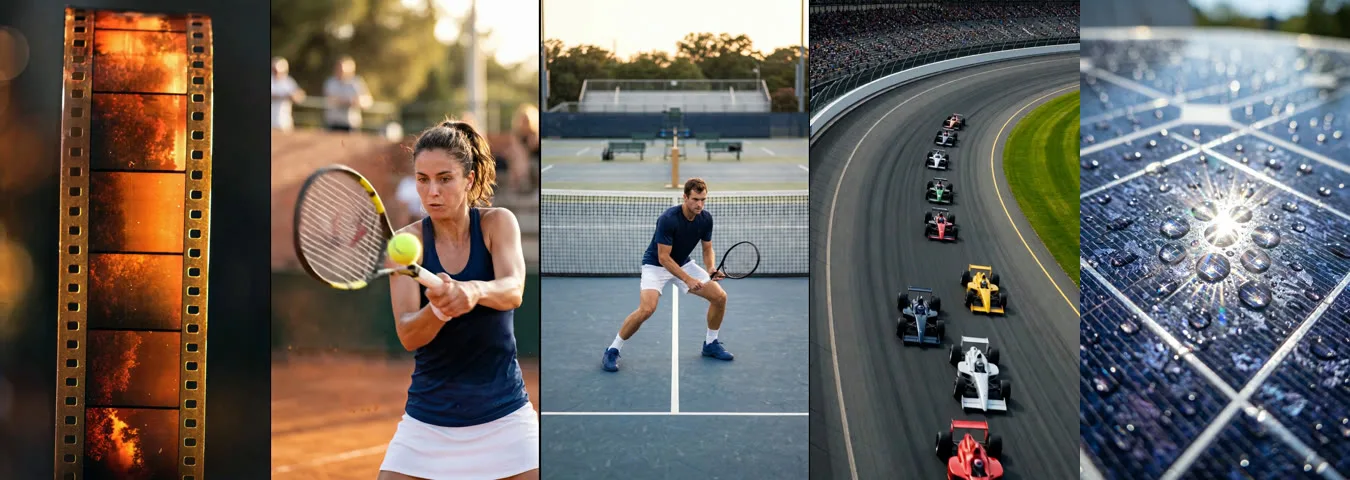Five video stills side by side: a burning film strip, a woman playing tennis, a man playing tennis, a row of race cars on a track, and a macro shot of dew on a solar panel