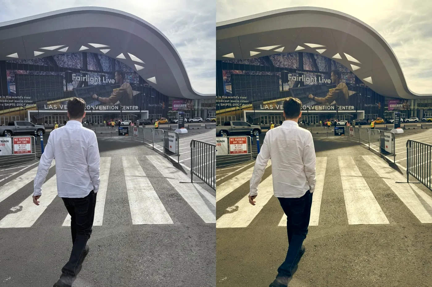 A neutral photo on the left and the same photo with a teal-and-orange cinematic grade on the right