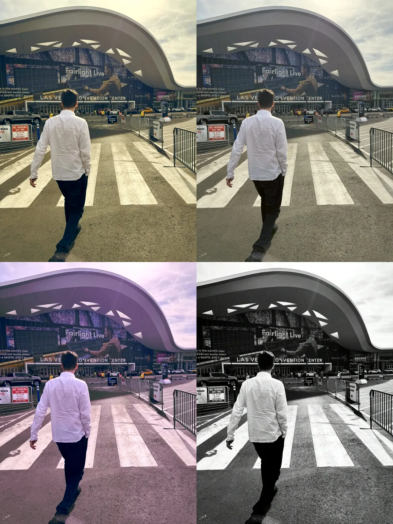 The same photo shown in four different grades: teal-orange, kodak, cyberpunk, and noir
