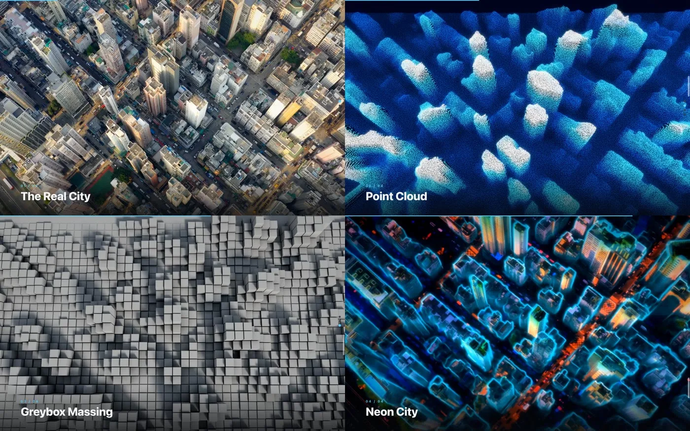 Four video stills in a grid, labeled The Real City, Point Cloud, Greybox Massing, and Neon City